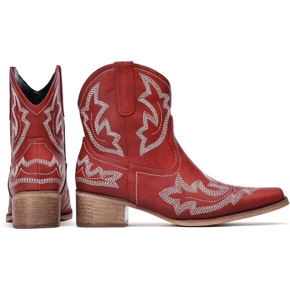 Women Red Rubber Ankle Boot Short Booties for Ladies Classic Fashion Embroidered - Picture 5 of 5